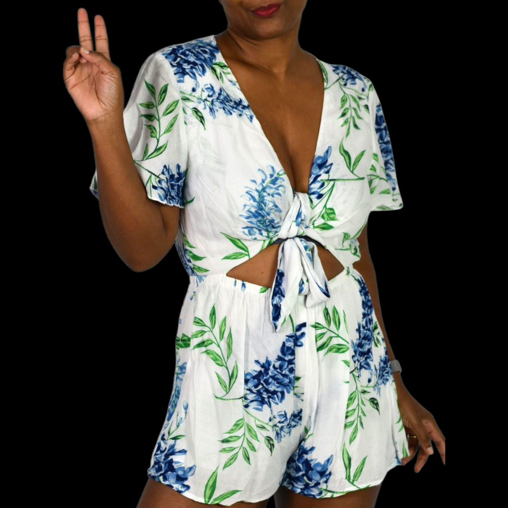 Show Me Your Mumu Gia Romper White Floral Cutout Playsuit Shorts Tropical Medium